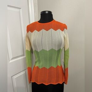 Vintage Chateau Du Tricot Mod Knit Mesh Top 70s Color Block Orange Green Cream 7